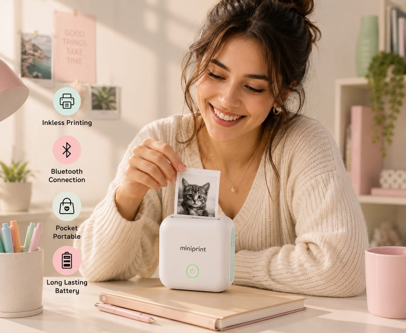 Woman printing a cat photo with miniprint